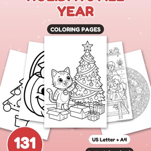 May include: A digital coloring book titled HOLIDAYS ALL YEAR with 131 pages in US Letter and A4 sizes. The cover displays black and white line art of a cat decorating a Christmas tree, a pumpkin, and children crafting, available as an instant download.