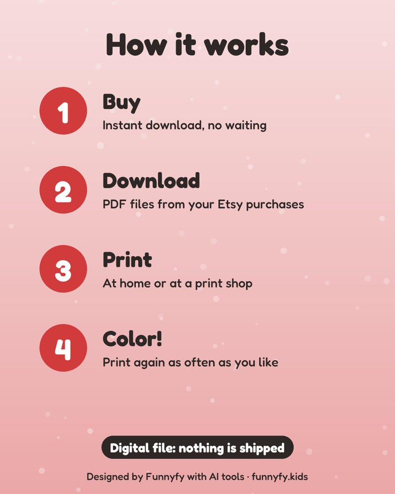 May include: A pink informational graphic titled How it works with four numbered red circles. The steps are: 1 Buy, instant download, no waiting; 2 Download, PDF files from your Etsy purchases; 3 Print, at home or at a print shop; 4 Color!, print again as often as you like. Includes a digital file notice.