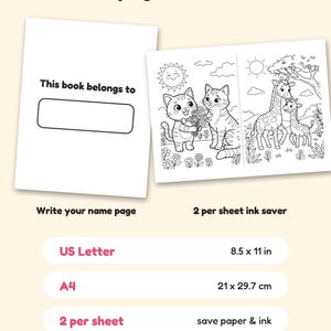 May include: A digital coloring book page set featuring a 'This book belongs to' name page and a sheet with two animal illustrations. The text includes 'Bonus pages & formats', 'US Letter 8.5 x 11 in', 'A4 21 x 29.7 cm', and '2 per sheet'.