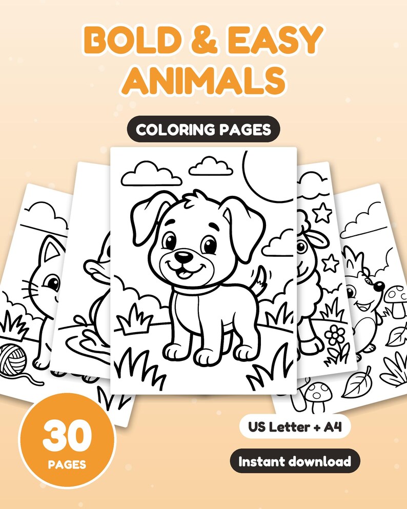 30 Bold and Easy Animal Coloring Pages for Toddlers, Simple Coloring Book, Preschool Printable, Big Thick Lines, Instant Download image 1