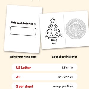 May include: A digital document showing bonus pages and formats for a coloring book. It includes a name page, a Christmas tree, and a mandala design. Text specifies US Letter 8.5 x 11 in, A4 21 x 29.7 cm, and 2 per sheet ink saver options.