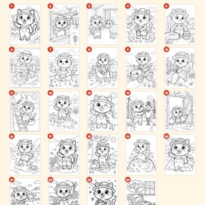 May include: A collection of 24 black and white coloring pages featuring a cartoon cat wearing a straw hat and overalls in various farm settings. The text "Everything you get: 24 pages" and "+ cover &middot; "This book belongs to" page &middot; closing page" is visible.