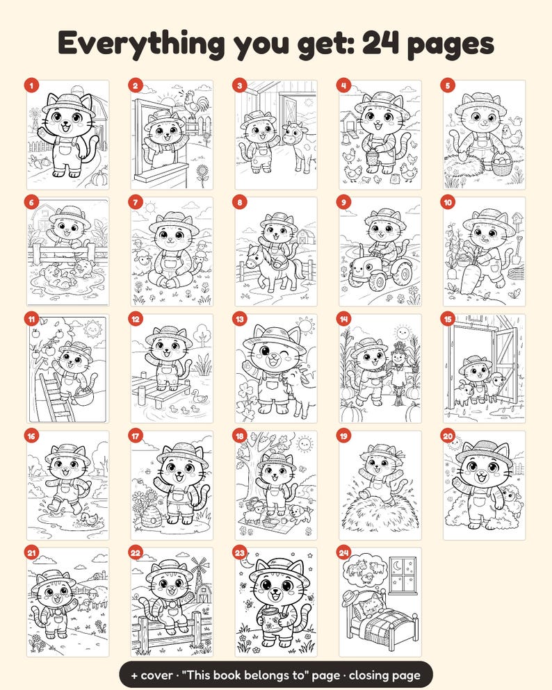 May include: A collection of 24 black and white coloring pages featuring a cartoon cat wearing a straw hat and overalls in various farm settings. The text "Everything you get: 24 pages" and "+ cover &middot; "This book belongs to" page &middot; closing page" is visible.