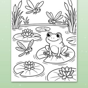 May include: A black and white colouring page featuring a frog sitting on a lily pad in a pond. The scene includes three dragonflies, several water lilies, and cattails. The text at the bottom of the image reads: Cute scenes kids love.