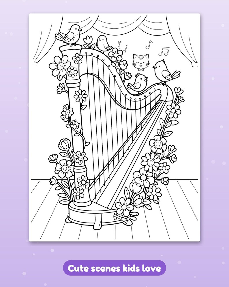 29 Music & Instruments Coloring Pages for Kids, Music and Instruments Coloring Book, Guitar Drum Piano, Printable PDF, Instant Download image 7