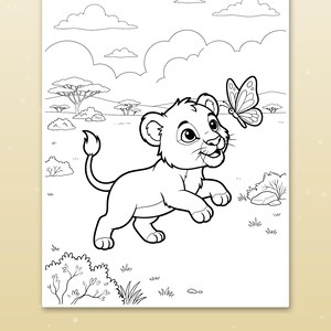 May include: A black and white colouring page featuring a cartoon lion cub playing with a butterfly in a savanna landscape with trees and clouds. The bottom of the page includes the text Big spaces for little hands in a brown banner.