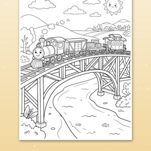 K&ouml;nnte beinhalten: Eine schwarz-wei&szlig;e Malvorlage mit einer l&auml;chelnden Dampflokomotive, die G&uuml;terwagen &uuml;ber eine Br&uuml;cke &uuml;ber einen Fluss zieht. Die Szene enth&auml;lt eine Sonne mit Gesicht, Wolken, H&uuml;gel und B&auml;ume. Der Text am unteren Rand lautet: Cute scenes kids love.