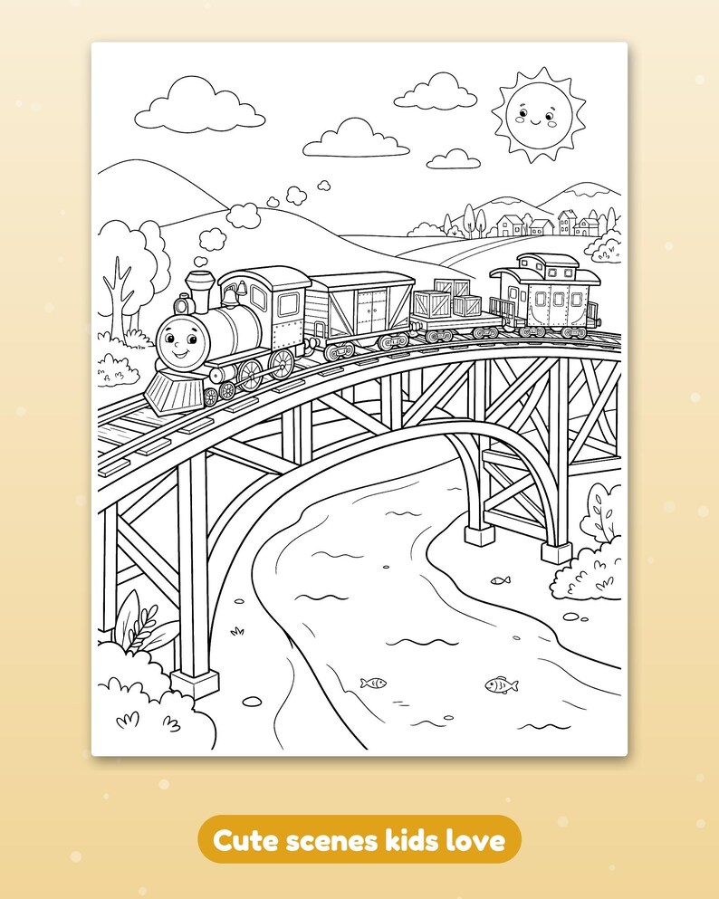 K&ouml;nnte beinhalten: Eine schwarz-wei&szlig;e Malvorlage mit einer l&auml;chelnden Dampflokomotive, die G&uuml;terwagen &uuml;ber eine Br&uuml;cke &uuml;ber einen Fluss zieht. Die Szene enth&auml;lt eine Sonne mit Gesicht, Wolken, H&uuml;gel und B&auml;ume. Der Text am unteren Rand lautet: Cute scenes kids love.