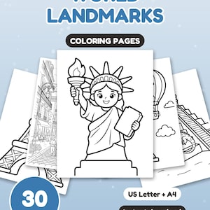 Może przedstawiać: Zestaw 30 kolorowanek World Landmarks z czarno-białymi ilustracjami liniowymi. Środkowa strona przedstawia rysunkową Statuę Wolności. Inne widoczne strony to Wieża Eiffla, balon na ogrzane powietrze oraz piramida.
