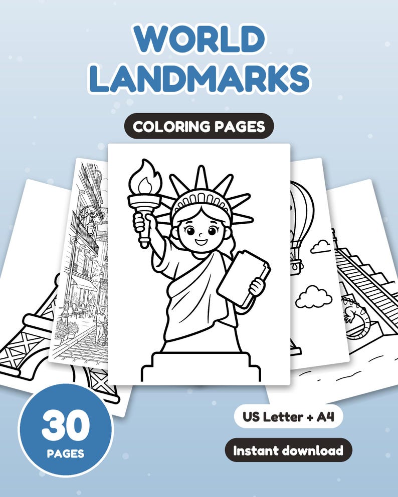 Może przedstawiać: Zestaw 30 kolorowanek World Landmarks z czarno-białymi ilustracjami liniowymi. Środkowa strona przedstawia rysunkową Statuę Wolności. Inne widoczne strony to Wieża Eiffla, balon na ogrzane powietrze oraz piramida.