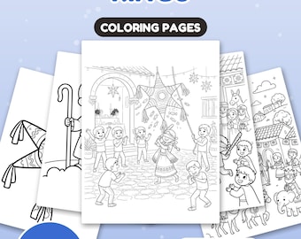 30 pagine da colorare di Posadas e dei Re Magi per bambini, libro da colorare di Posadas e dei Re Magi, Natività con Piñata e Tre Re Magi, PDF stampabile