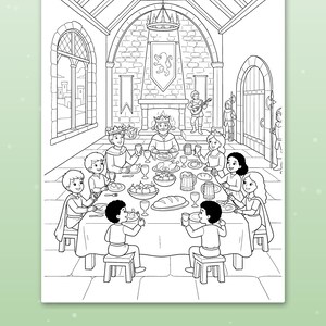 May include: A black and white coloring page featuring a royal banquet scene with a king, queen, and children seated at a long table in a stone castle hall. The illustration includes a fireplace, a musician, and text reading Thick, bold lines.
