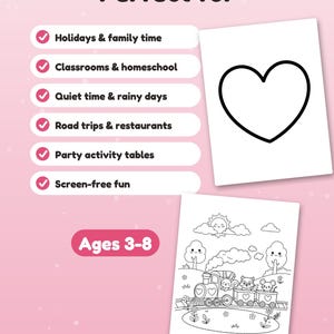 May include: A pink graphic featuring the text Perfect for and Ages 3-8. A list includes Holidays & family time, Classrooms & homeschool, Quiet time & rainy days, Road trips & restaurants, Party activity tables, and Screen-free fun. Two coloring pages.