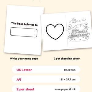 May include: A digital coloring book display showing bonus pages and formats. One page features the text This book belongs to with a blank box. Another page shows a heart and a train scene. Includes US Letter 8.5 x 11 in and A4 21 x 29.7 cm.
