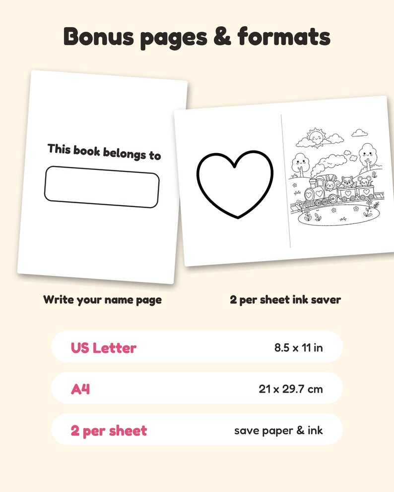 May include: A digital coloring book display showing bonus pages and formats. One page features the text This book belongs to with a blank box. Another page shows a heart and a train scene. Includes US Letter 8.5 x 11 in and A4 21 x 29.7 cm.