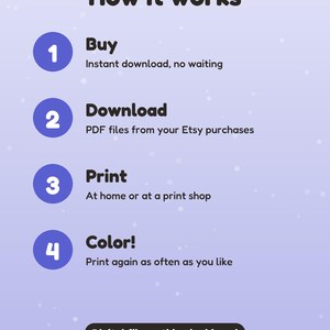Puede incluir: Un gr&aacute;fico informativo de color morado claro titulado How it works, que enumera cuatro pasos: 1 Buy, descarga instant&aacute;nea; 2 Download, archivos PDF; 3 Print, en casa o tienda; 4 Color, imprima tantas veces como desee. Digital file: nothing is shipped.