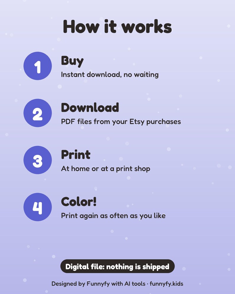 Puede incluir: Un gr&aacute;fico informativo de color morado claro titulado How it works, que enumera cuatro pasos: 1 Buy, descarga instant&aacute;nea; 2 Download, archivos PDF; 3 Print, en casa o tienda; 4 Color, imprima tantas veces como desee. Digital file: nothing is shipped.