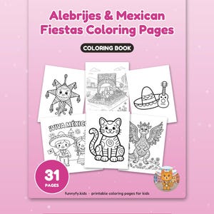 Puede incluir: Un libro para colorear rosa titulado Alebrijes & Mexican Fiestas Coloring Pages con 31 p&aacute;ginas. La portada muestra cinco ilustraciones en blanco y negro que incluyen una pi&ntilde;ata, un barco, un sombrero con guitarra, ni&ntilde;os, un gato y un drag&oacute;n.