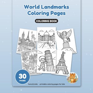 Może przedstawiać: Kolorowanka zatytułowana World Landmarks Coloring Pages zawierająca 30 stron. Okładka przedstawia czarno-białe ilustracje światowych zabytk&oacute;w, mapę i kota. Tekst zawiera 30 PAGES, funnyfy.kids oraz Big, happy pages for little hands.