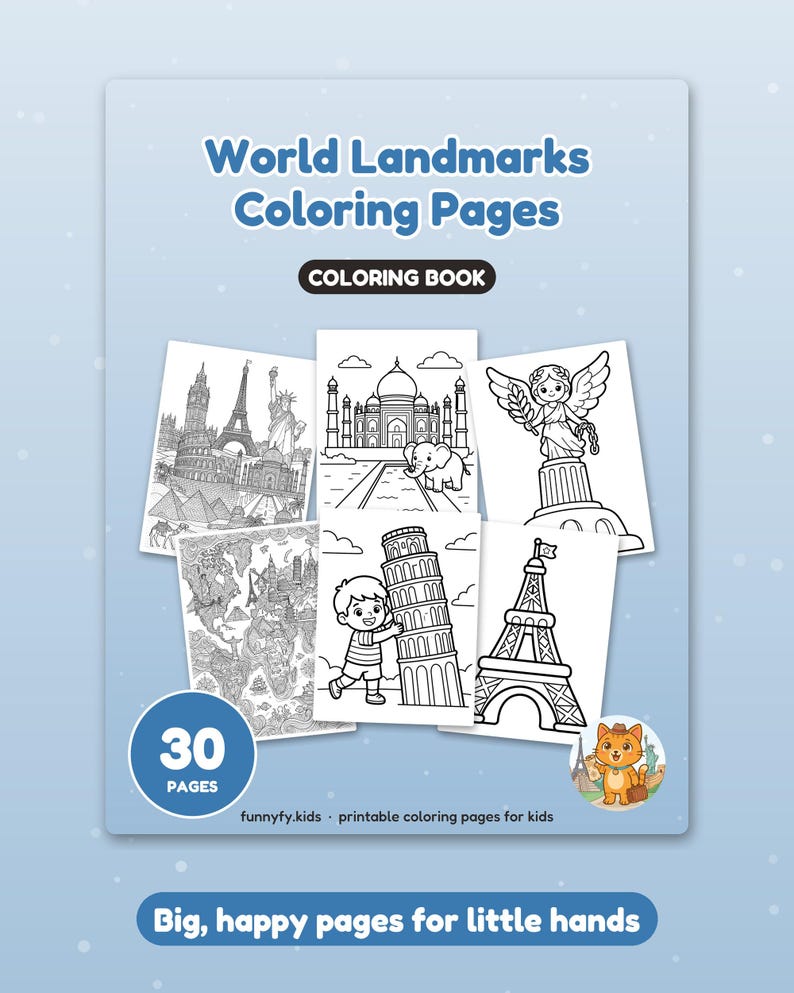Może przedstawiać: Kolorowanka zatytułowana World Landmarks Coloring Pages zawierająca 30 stron. Okładka przedstawia czarno-białe ilustracje światowych zabytk&oacute;w, mapę i kota. Tekst zawiera 30 PAGES, funnyfy.kids oraz Big, happy pages for little hands.