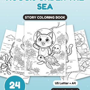 Puede incluir: Un libro para colorear titulado NUGGIS UNDER THE SEA STORY COLORING BOOK con 24 p&aacute;ginas. La portada presenta un dibujo lineal en blanco y negro de un gato con casco espacial, una tortuga y un pulpo bajo el mar. Incluye tama&ntilde;os US Letter y A4.