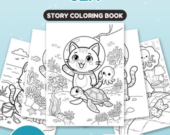 May include: A coloring book titled NUGGIS UNDER THE SEA STORY COLORING BOOK with 24 pages. The cover features a black and white line drawing of a cat in a space helmet, a turtle, and an octopus underwater. Includes US Letter and A4 sizes.