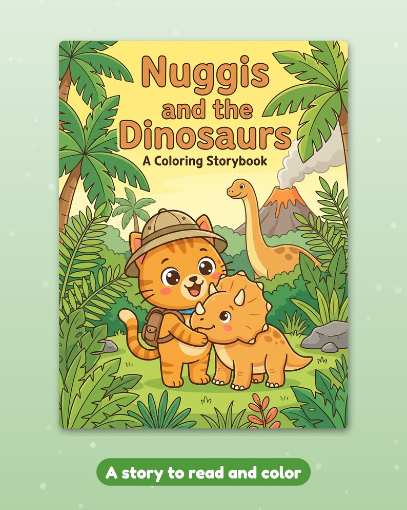 May include: A coloring storybook titled Nuggis and the Dinosaurs featuring an orange cat wearing a safari hat and backpack standing next to a triceratops in a jungle with palm trees and a smoking volcano in the background.