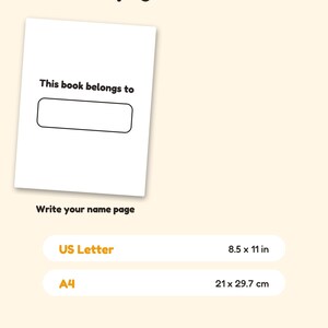 May include: A digital document titled Bonus pages & formats featuring a Write your name page with the text This book belongs to and a blank field. It lists two available paper sizes: US Letter at 8.5 x 11 in and A4 at 21 x 29.7 cm.