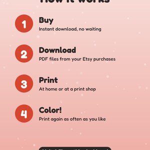 May include: A pink infographic titled How it works with four numbered red circles. Steps include: 1 Buy, instant download, no waiting; 2 Download, PDF files from your Etsy purchases; 3 Print, at home or at a print shop; 4 Color!, print again as often as you like.
