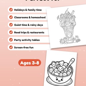May include: A coloring page set featuring black and white line art of a fruit sundae and a bowl of fruit with faces. The text includes "Perfect for" followed by a list of activities and "Ages 3-8" on a light pink background.