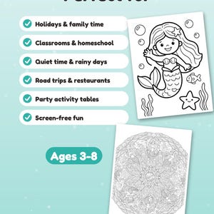 May include: A coloring page set featuring a mermaid illustration and a detailed circular mandala design. The text includes "Perfect for," a list of activities, and "Ages 3-8." The pages are black and white line art on a light blue background.