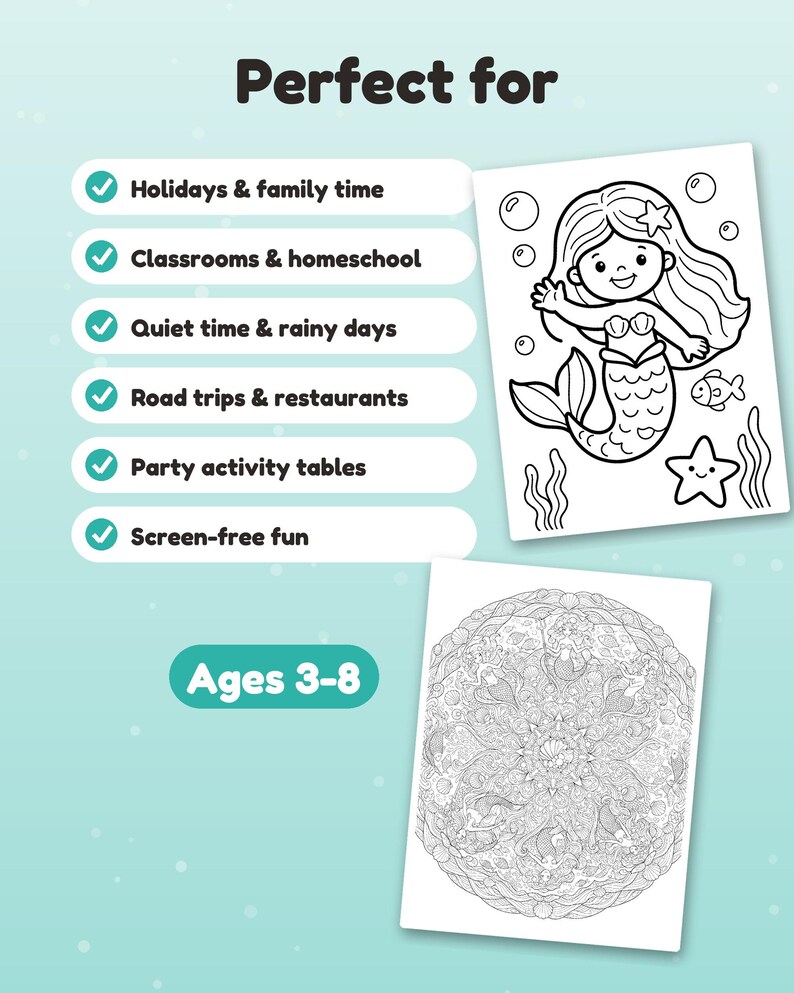 May include: A coloring page set featuring a mermaid illustration and a detailed circular mandala design. The text includes "Perfect for," a list of activities, and "Ages 3-8." The pages are black and white line art on a light blue background.