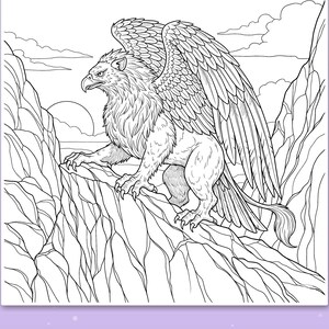 Peut inclure: Une page de coloriage en noir et blanc repr&eacute;sentant un griffon perch&eacute; sur une falaise rocheuse avec les ailes d&eacute;ploy&eacute;es. Le texte en bas indique Big spaces for little hands. La sc&egrave;ne inclut un soleil et des nuages en arri&egrave;re-plan.