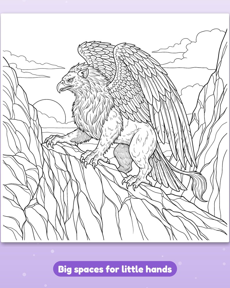 Peut inclure: Une page de coloriage en noir et blanc repr&eacute;sentant un griffon perch&eacute; sur une falaise rocheuse avec les ailes d&eacute;ploy&eacute;es. Le texte en bas indique Big spaces for little hands. La sc&egrave;ne inclut un soleil et des nuages en arri&egrave;re-plan.