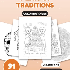 91 Coloring Pages Mega Bundle for Kids, Mexican Traditions Coloring Book, Day of the Dead and More, Printable PDF, Instant Download image 1