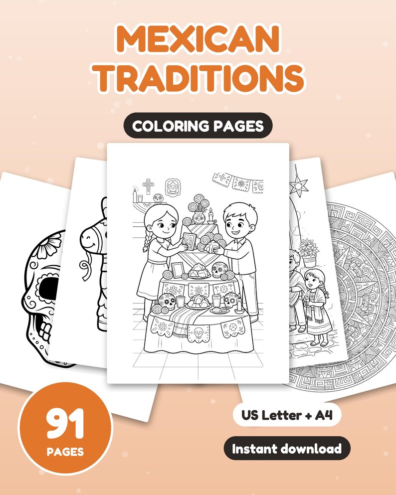 91 Coloring Pages Mega Bundle for Kids, Mexican Traditions Coloring Book, Day of the Dead and More, Printable PDF, Instant Download image 1