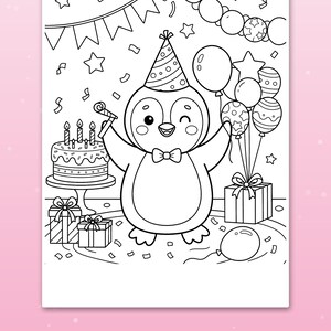 May include: A black and white coloring page featuring a penguin wearing a party hat and bowtie, surrounded by a birthday cake, wrapped gifts, and balloons. The text at the bottom reads Big spaces for little hands.