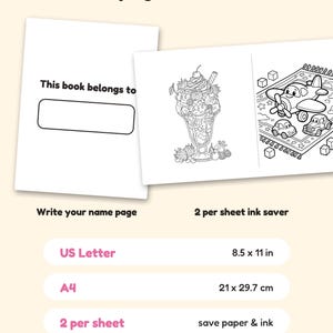 May include: A digital coloring book page set featuring a 'This book belongs to' name plate, an ice cream sundae illustration, and a cartoon airplane scene. Text includes 'Bonus pages & formats', 'US Letter 8.5 x 11 in', 'A4 21 x 29.7 cm', and '2 per sheet'.