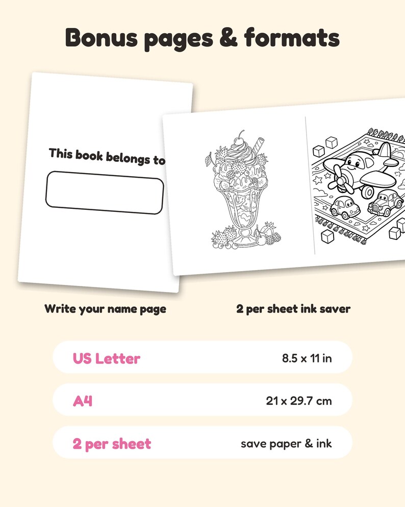May include: A digital coloring book page set featuring a 'This book belongs to' name plate, an ice cream sundae illustration, and a cartoon airplane scene. Text includes 'Bonus pages & formats', 'US Letter 8.5 x 11 in', 'A4 21 x 29.7 cm', and '2 per sheet'.