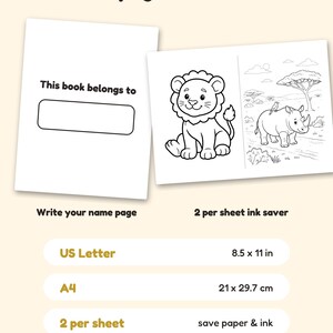 May include: A digital colouring book page set featuring a 'This book belongs to' name page and a 2 per sheet ink saver page with a lion and a rhinoceros. Text includes 'Bonus pages & formats', 'US Letter 8.5 x 11 in', 'A4 21 x 29.7 cm', and '2 per sheet save paper & ink'.