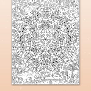 May include: A black and white coloring page featuring a central circular mandala composed of repeating dog head illustrations and bone shapes, surrounded by a garden scene with trees, a pond, and dog houses. The text reads Cute scenes kids love.