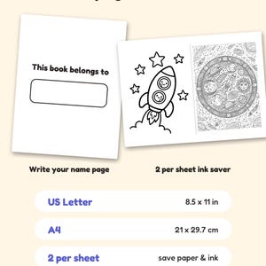 Puede incluir: Un conjunto de p&aacute;ginas para colorear digitales que incluye una p&aacute;gina de nombre 'This book belongs to' y un cohete con ilustraciones espaciales. Los formatos incluyen US Letter 8.5 x 11 pulgadas, A4 21 x 29.7 cm y dise&ntilde;o de 2 por hoja.