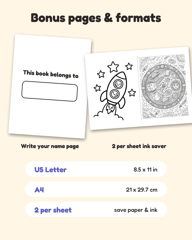 Puede incluir: Un conjunto de p&aacute;ginas para colorear digitales que incluye una p&aacute;gina de nombre 'This book belongs to' y un cohete con ilustraciones espaciales. Los formatos incluyen US Letter 8.5 x 11 pulgadas, A4 21 x 29.7 cm y dise&ntilde;o de 2 por hoja.