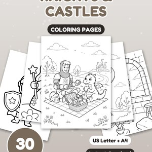 Peut inclure: Un ensemble de 30 pages de coloriage Knights & Castles avec des dessins au trait noir et blanc. La page centrale montre un chevalier et un dragon en pique-nique. Le texte indique Knights & Castles, Coloring Pages, 30 Pages, US Letter + A4, Instant download.
