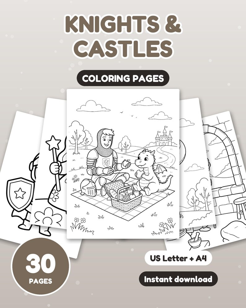 Peut inclure: Un ensemble de 30 pages de coloriage Knights & Castles avec des dessins au trait noir et blanc. La page centrale montre un chevalier et un dragon en pique-nique. Le texte indique Knights & Castles, Coloring Pages, 30 Pages, US Letter + A4, Instant download.