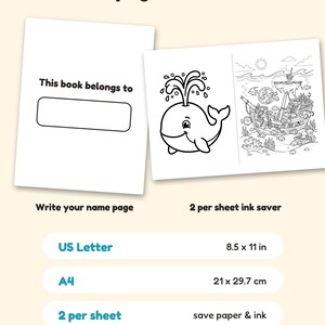 May include: A digital coloring book page set featuring a 'This book belongs to' name page and a sheet with a whale and a pirate ship illustration. Text includes 'Bonus pages & formats', 'US Letter 8.5 x 11 in', 'A4 21 x 29.7 cm', and '2 per sheet'.