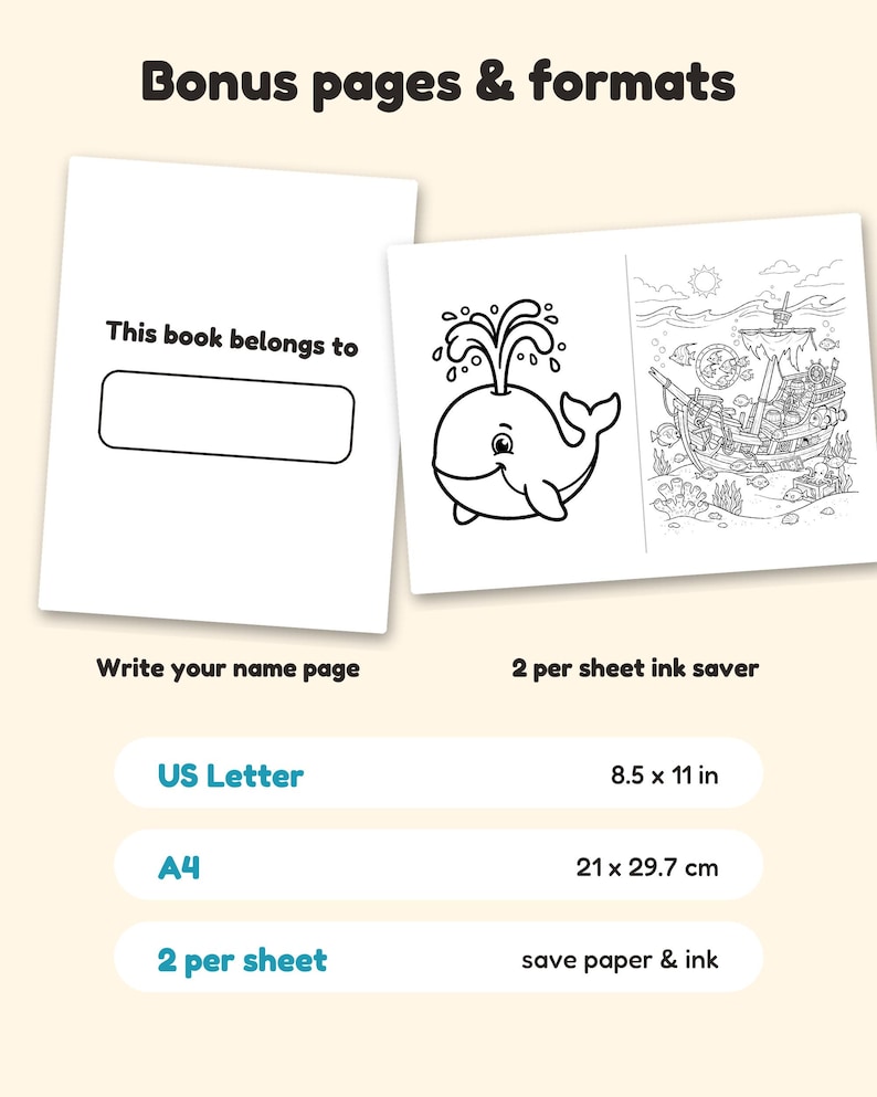 May include: A digital coloring book page set featuring a 'This book belongs to' name page and a sheet with a whale and a pirate ship illustration. Text includes 'Bonus pages & formats', 'US Letter 8.5 x 11 in', 'A4 21 x 29.7 cm', and '2 per sheet'.