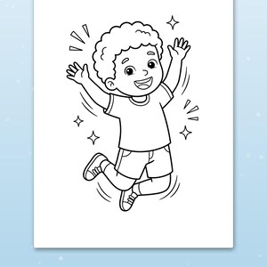 May include: A black and white colouring page featuring a line drawing of a child with curly hair jumping with arms raised. The page includes star accents and the text Big spaces for little hands at the bottom of the illustration.