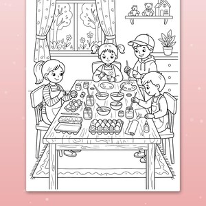 May include: A black and white coloring page featuring four children sitting at a table painting Easter eggs with brushes and paint pots. The scene includes a window, a shelf with toys, and the text Big spaces for little hands at the bottom.