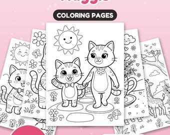 Può includere: Una raccolta di 30 pagine da colorare intitolata Mother's Day with Nuggis, con disegni al tratto in bianco e nero di gatti, un sole, fiori e una giraffa. Le pagine sono formattate per i formati carta US Letter e A4.